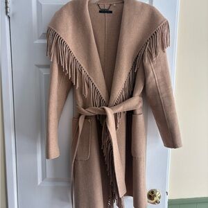 Elie Tahari Tan Fringed Belted Cardigan